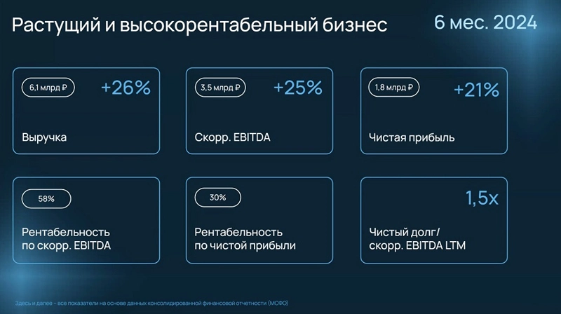 Основные финансовые показатели Selectel по итогам 1 полугодия 2024 года