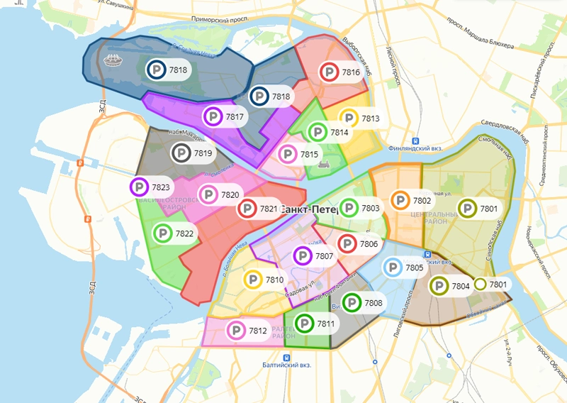 Платные парковки расположены в четырех центральных районах Санкт-Петербурга: Центральном, Адмиралтейском, Петроградском и Василеостровском