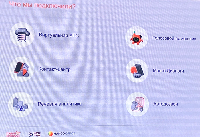 Комплекс сервисов, предоставленных MANGO OFFICE сети ресторанов. Из презентации Давида Тер-Галустова, директора направления доставки и банкетной службы ресторанов «Хачо и Пури» и «Пхали-Хинкали»